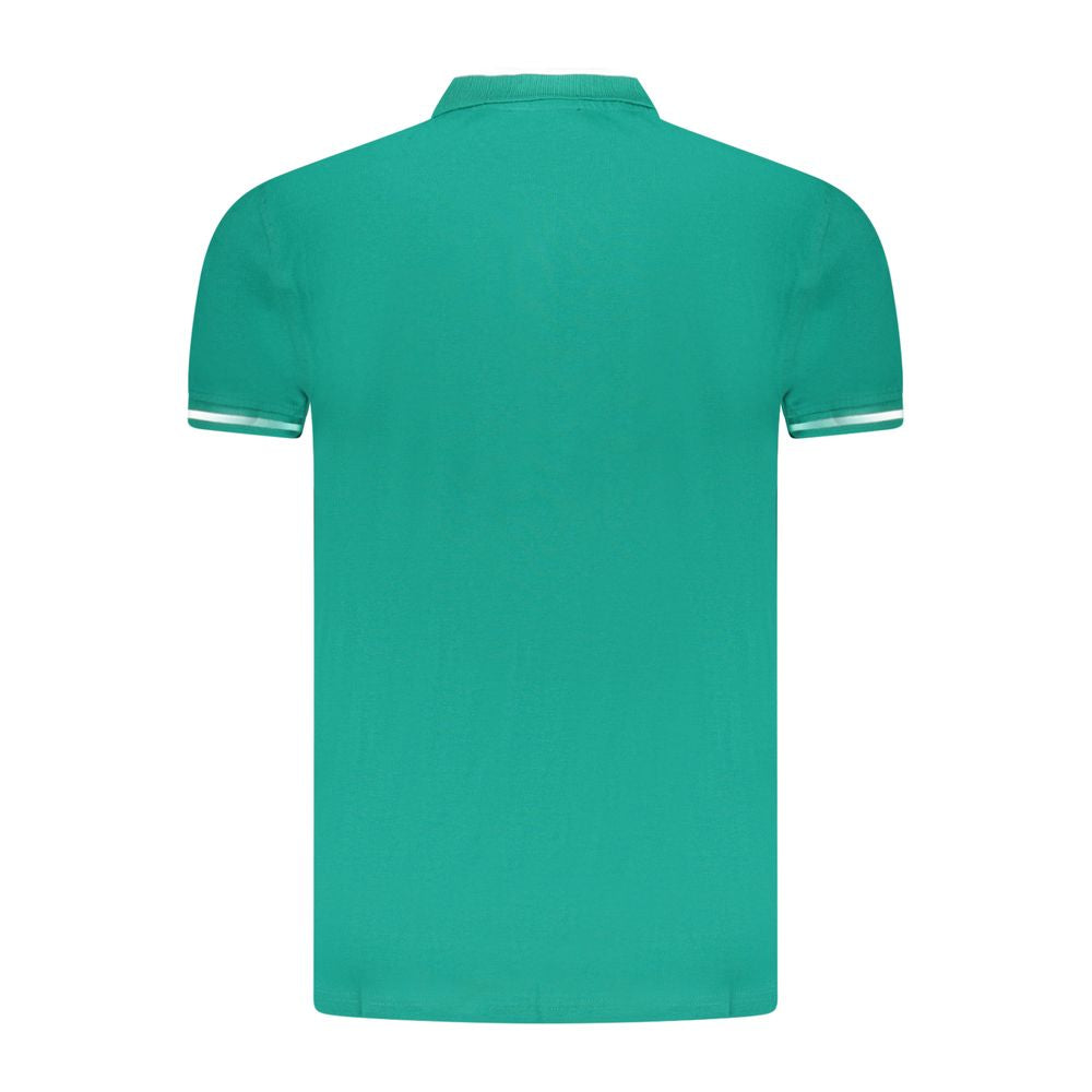 Back view of Cavalli Class Green Cotton Men Polo Shirt with short sleeves and contrasting details.