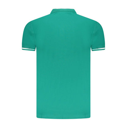 Back view of Cavalli Class Green Cotton Men Polo Shirt with short sleeves and contrasting details.