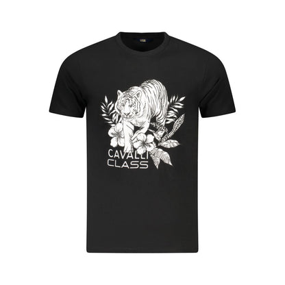Cavalli Class Black Cotton Men T-Shirt with bold print and iconic logo, perfect for stylish casual or evening wear.