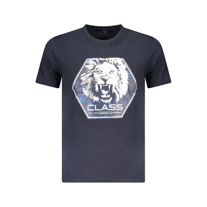 Cavalli Class Blue Cotton Men T-Shirt featuring bold print and logo.