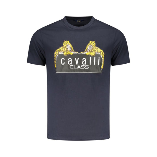 Cavalli Class Blue Cotton Men T-Shirt with striking logo print, crew neck short sleeves, luxury casual wear.