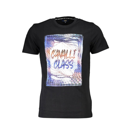 Cavalli Class Black Cotton Men T-Shirt with bold logo print and crew neck design for a stylish fashion-forward look.
