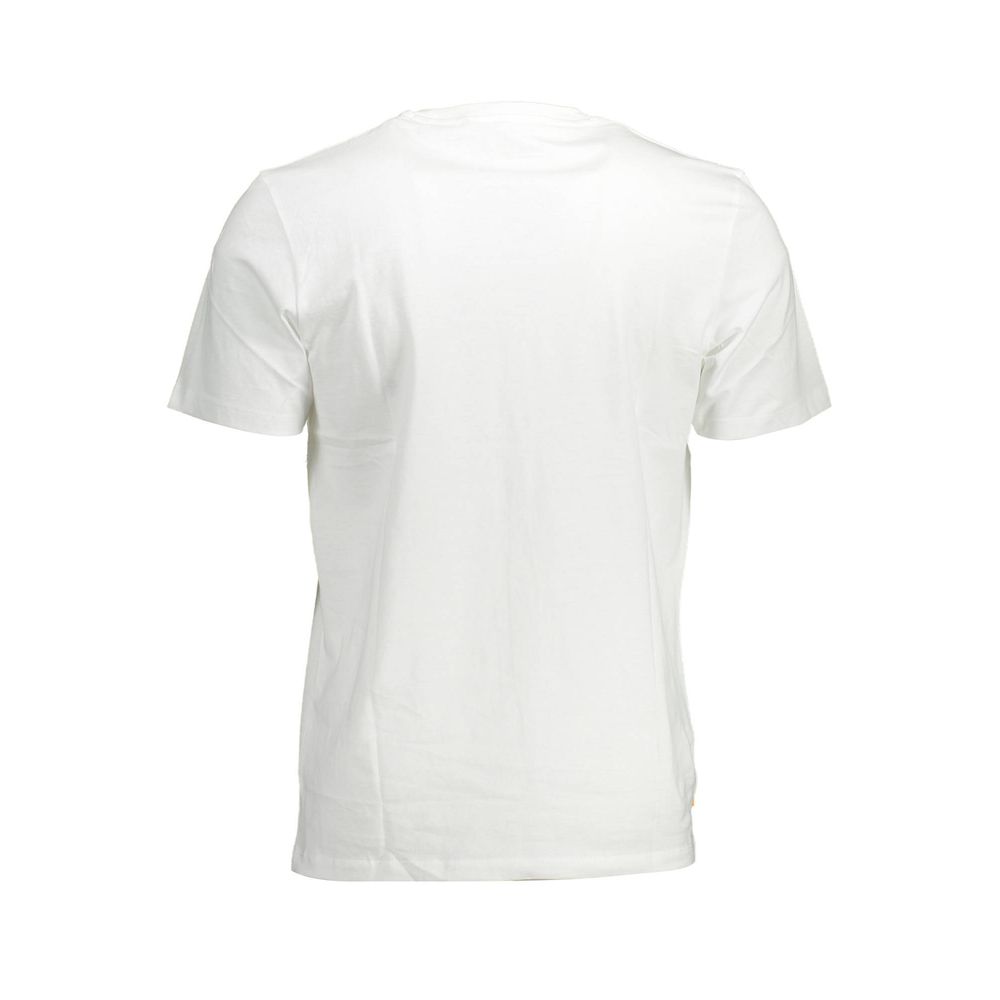 Back view of Timberland White Cotton Men T-Shirt showcasing short sleeves and regular fit, made from 100% organic cotton.