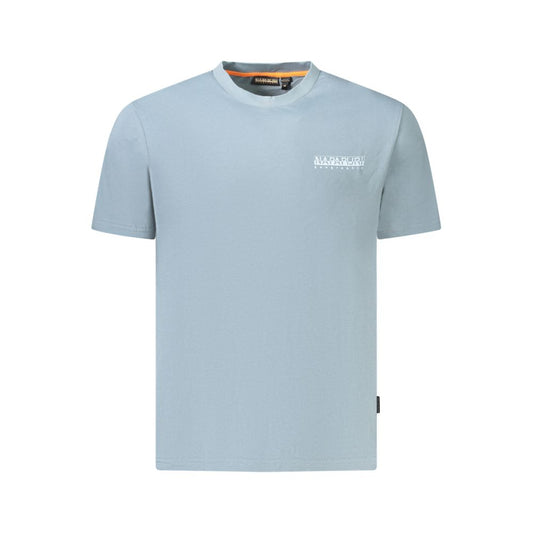 Light blue casual t-shirt with a small logo on the chest, isolated on white background.