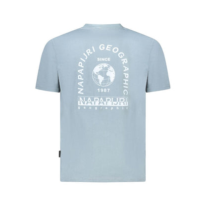 "Back view of Napapijri blue T-shirt with logo graphic design, showcasing brand history and style."