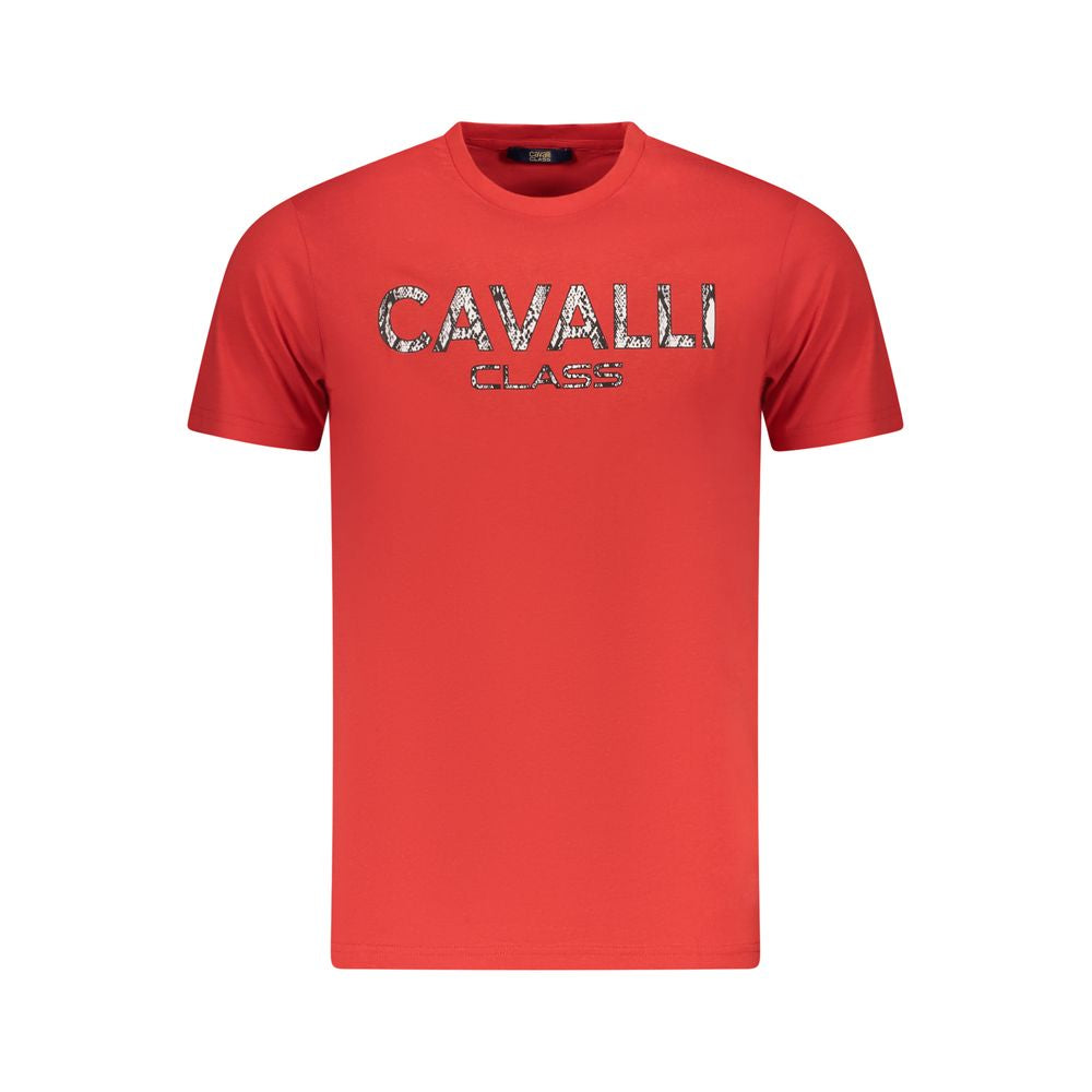 Cavalli Class Red Cotton Men T-Shirt with striking print and crew neck, featuring Cavalli Class logo for luxury fashion.