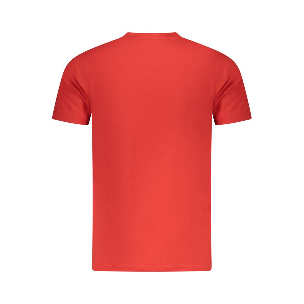 Back view of Cavalli Class Red Cotton Men T-Shirt with short sleeves, featuring luxury fashion design.