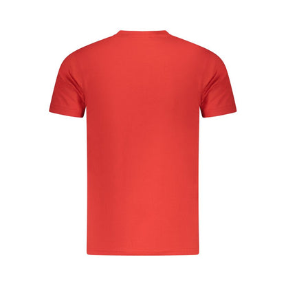 Back view of Cavalli Class Red Cotton Men T-Shirt with short sleeves, featuring luxury fashion design.