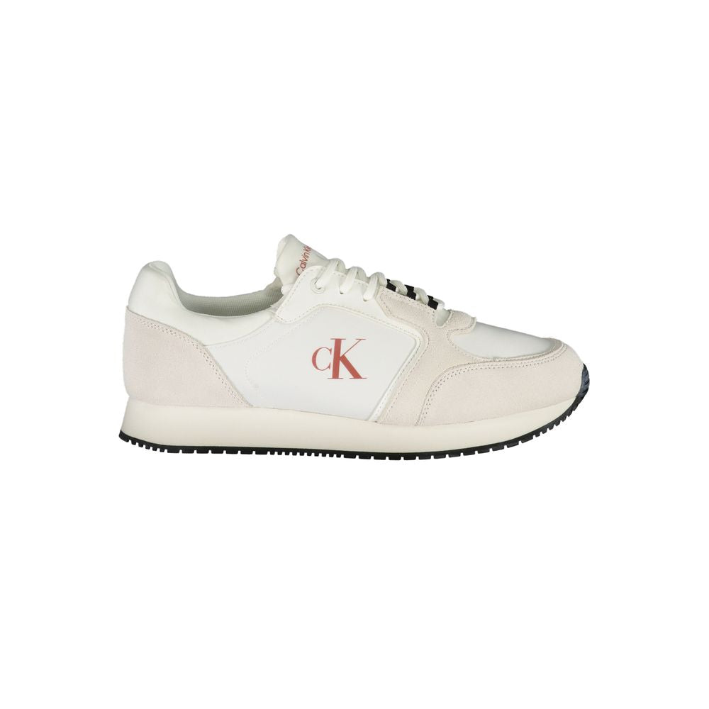 Calvin Klein White Leather Men Sneaker with CK logo, sleek design, removable insole, made of recycled materials for urban style.