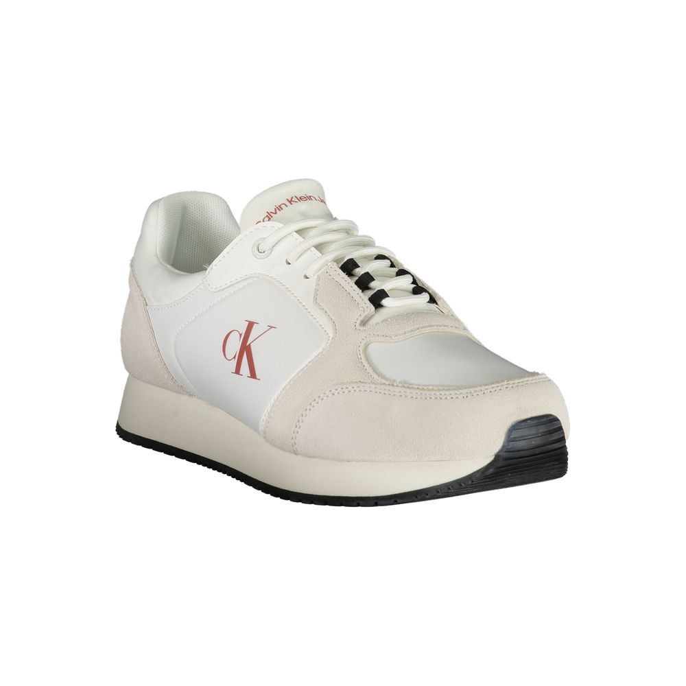 Calvin Klein White Leather Men Sneaker with CK logo, sleek design, and removable insole for comfort, featuring recycled cotton blend.