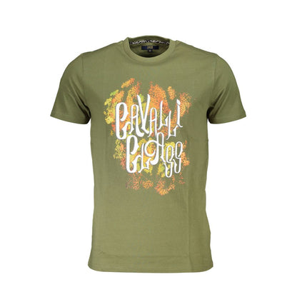 Cavalli Class Green Cotton Men T-Shirt with bold print and logo, short sleeve