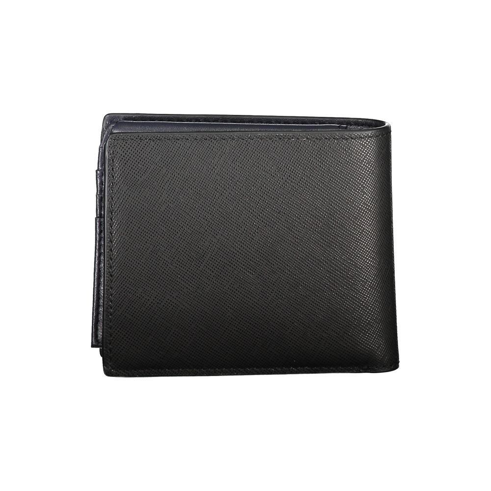 Tommy Hilfiger Black Leather Wallet with 2 compartments, coin purse, card slots, and logo detail in black texture.
