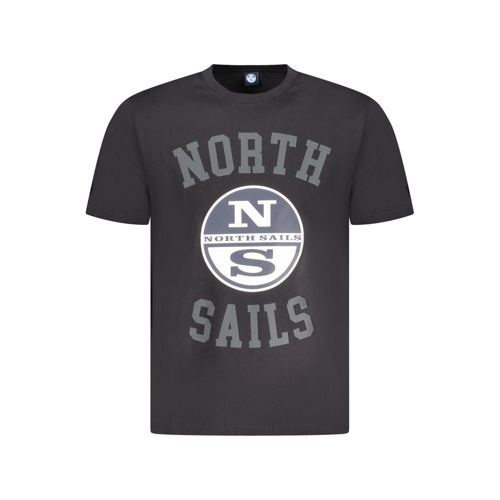 North Sails Black Cotton Men T-Shirt featuring short sleeves, crew neck, and North Sails logo on front.