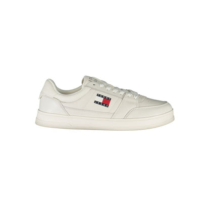 Tommy Hilfiger White Leather Men Sneaker with logo, stylish and comfortable footwear for fashion-forward individuals.