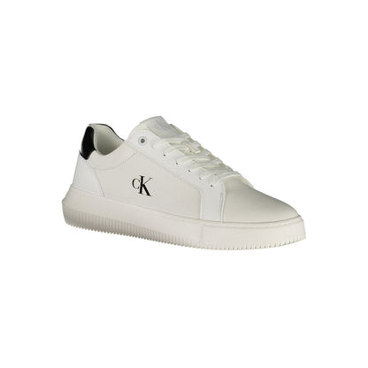 Calvin Klein White Leather Men Sneaker with black logo and details, offering stylish design and comfort.