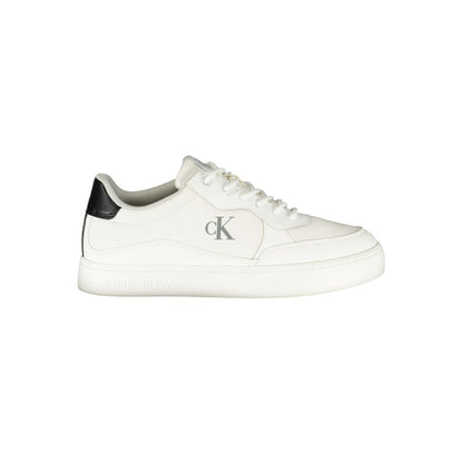Calvin Klein White Polyester Men Sneaker with black accents and CK logo, showcasing a sleek and stylish design.