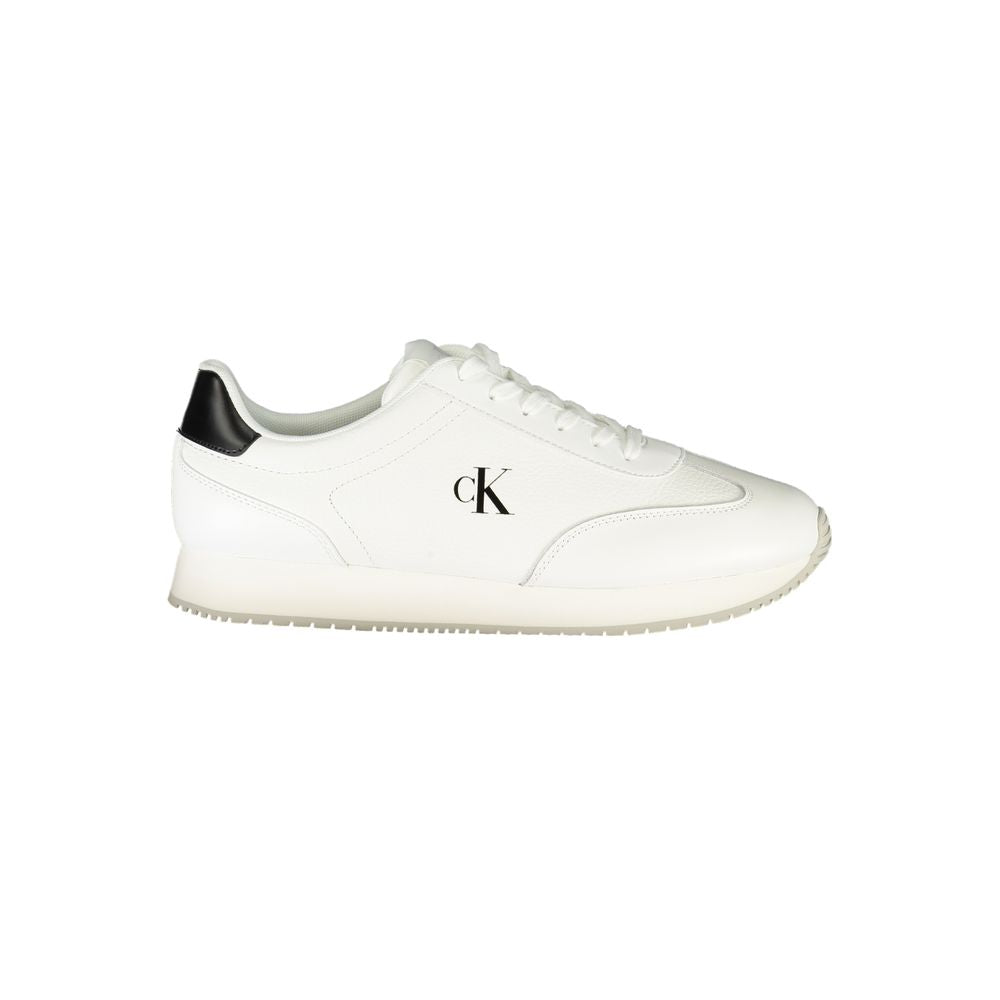 Calvin Klein White Leather Men Sneaker with black details and logo, showcasing sleek design and removable cushioned footbed for comfort.