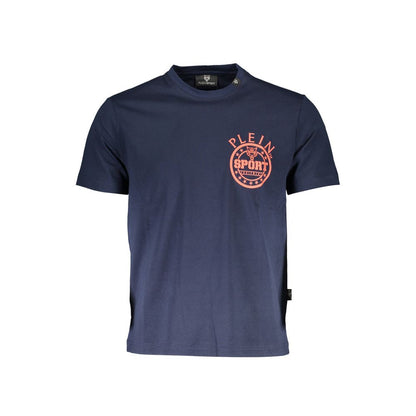 Plein Sport Blue Cotton Men T-Shirt with logo print; casual short sleeve crew-neck for trendsetters seeking comfort and style.