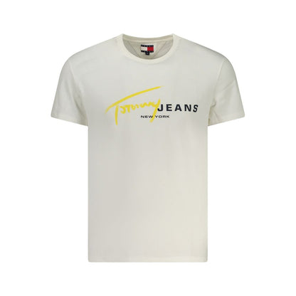 Tommy Hilfiger White Cotton Men T-Shirt with logo on front, made of 95% regenerative cotton, showcases responsible fashion for modern trendsetters.