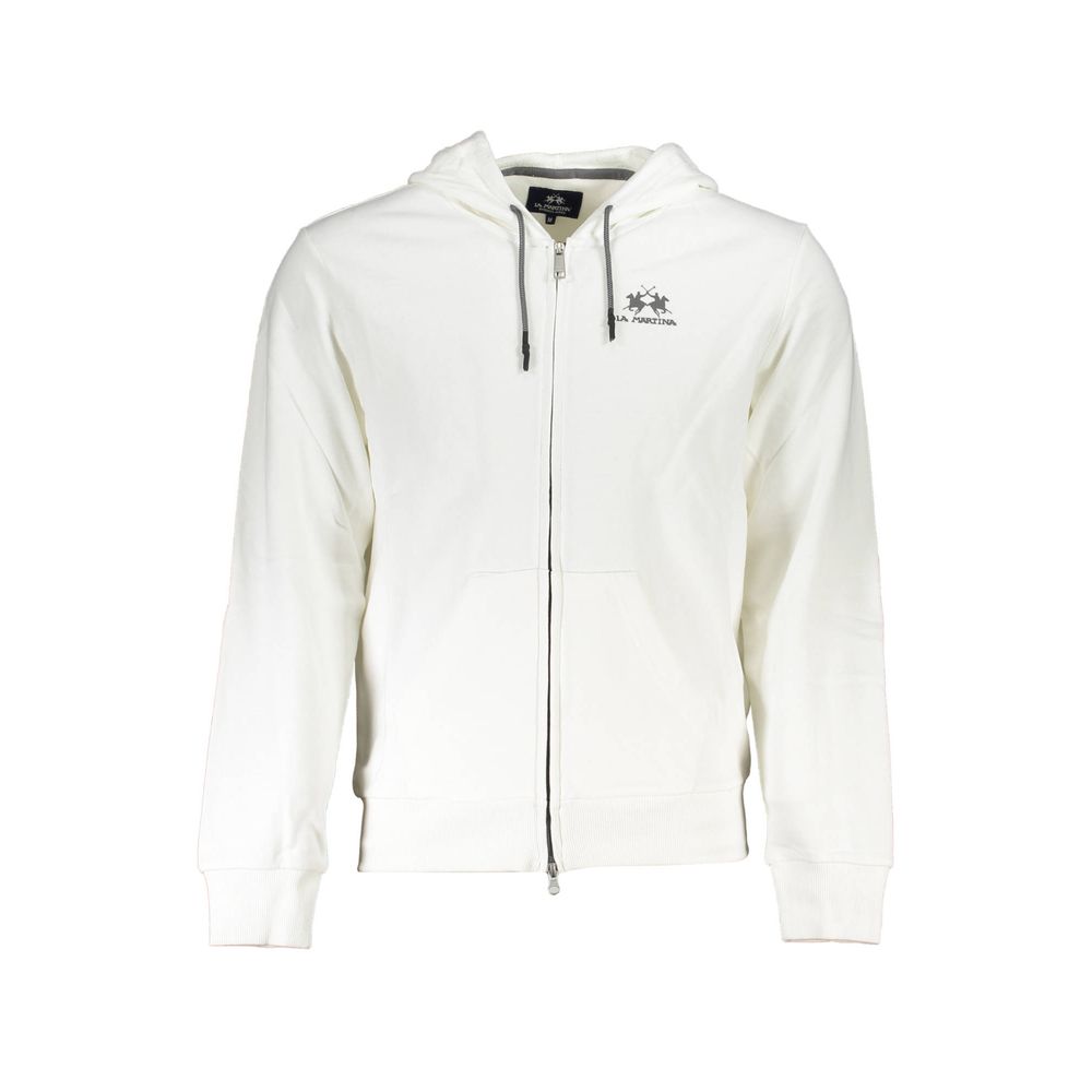 La Martina White Cotton Men Sweater with Hood and Zip Pockets