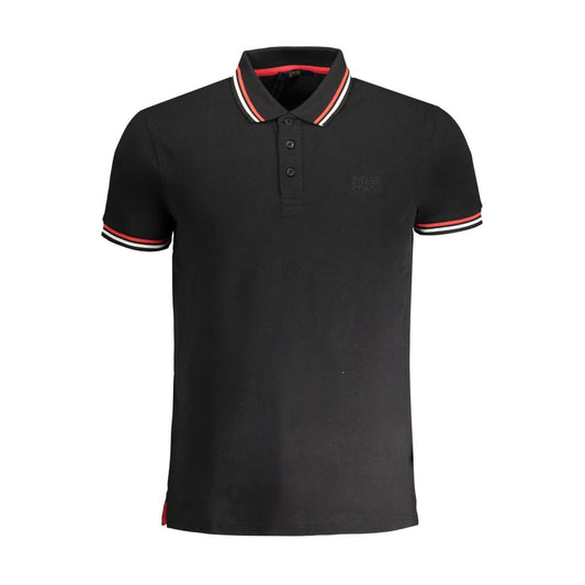 Cavalli Class Black Cotton Polo Shirt with short sleeves, 3 buttons, contrast details, embroidery, and logo.