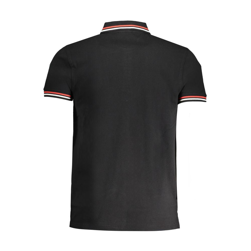 Cavalli Class Black Cotton Polo Shirt with short sleeves, 3 buttons, contrast details, and logo embroidery, rear view.