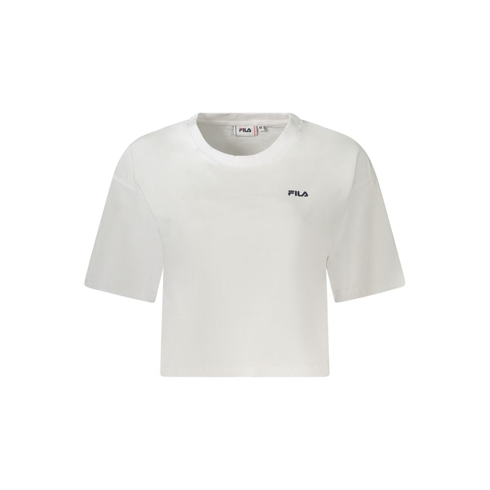 Fila White Cotton Women T-Shirt with bold logo, organic material, and loose cropped design for stylish casual wear. Made in BD.