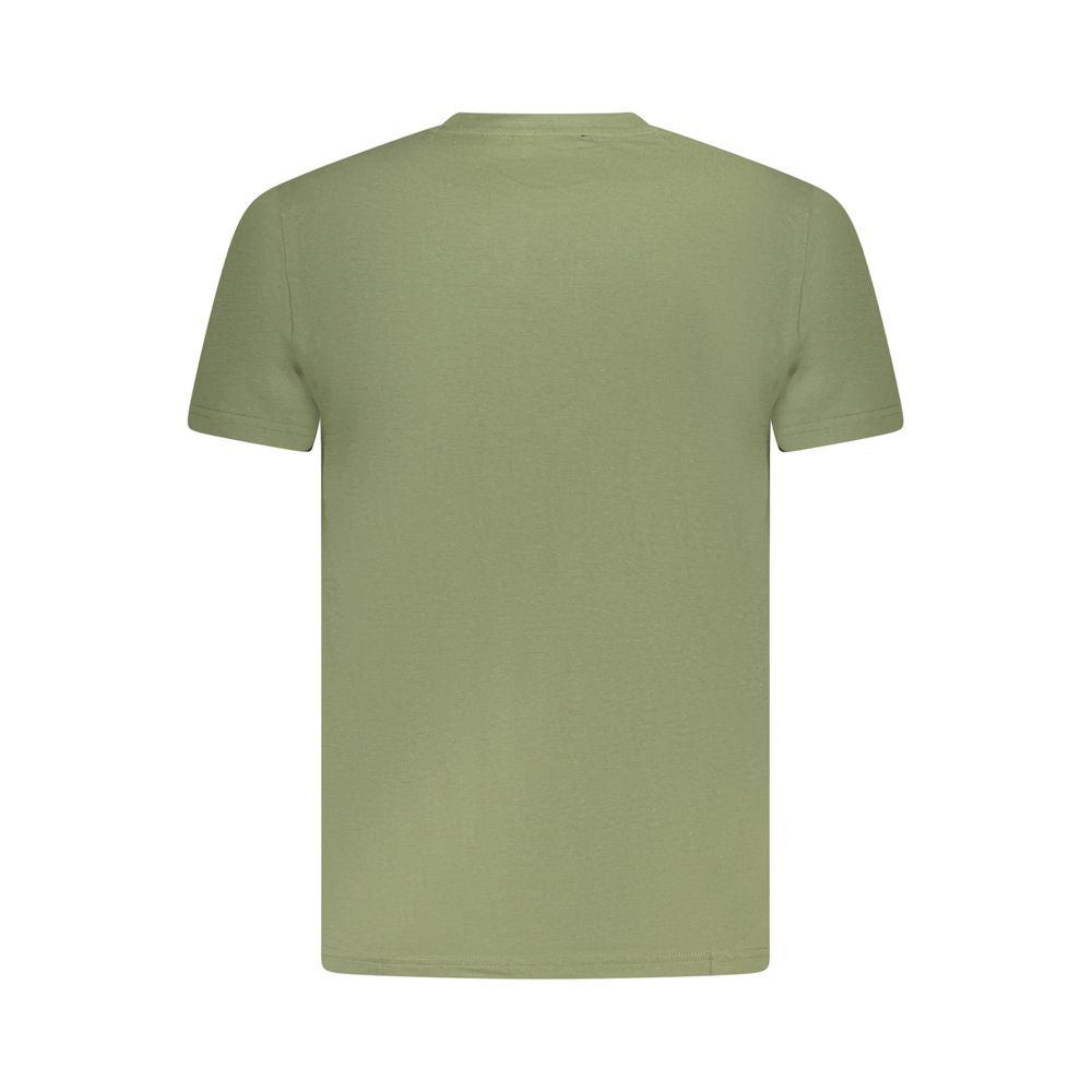 Back view of Cavalli Class Green Cotton Men T-Shirt with short sleeves and crew neck, showcasing minimalistic design and bold color.