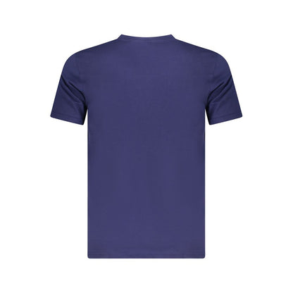 Cavalli Class Blue Cotton Men T-Shirt featuring short sleeves, crew neck, and iconic logo print on the back in a vibrant blue hue.
