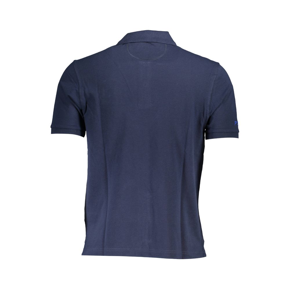 Back view of La Martina Blue Cotton Men Polo Shirt featuring short sleeves and a refined design.