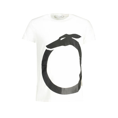 Trussardi White Cotton T-Shirt with crew neck and short sleeves, featuring a bold black logo print design.