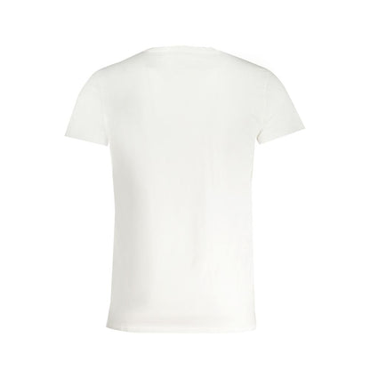 Back view of Trussardi White Cotton T-Shirt with crew neck and logo print, short sleeved.