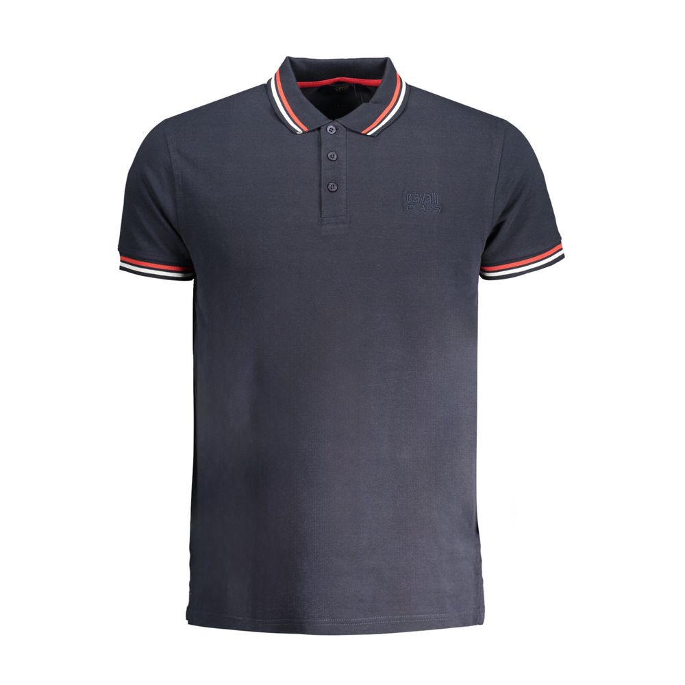 Cavalli Class Blue Cotton Polo Shirt with short sleeves, 3 buttons, contrast details, and logo embroidery.
