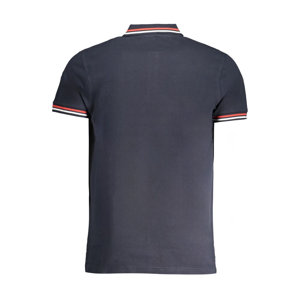 Back view of Cavalli Class Blue Cotton Polo Shirt with short sleeves, contrast details, and logo embroidery.