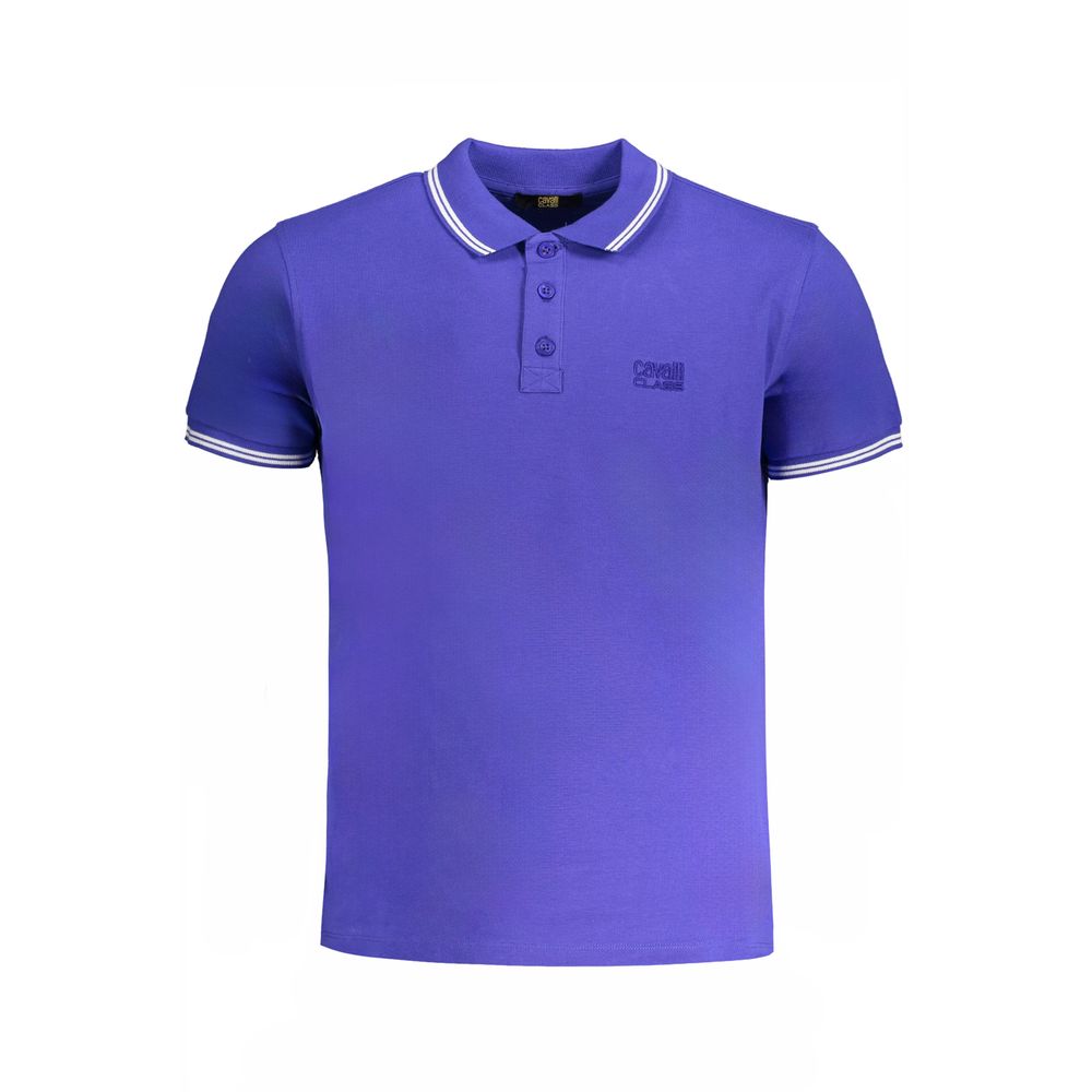 Cavalli Class Blue Cotton Polo Shirt with short sleeves, 3 buttons, contrast details, embroidery, and logo