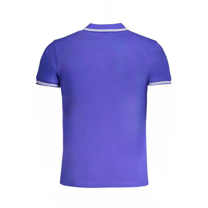 Cavalli Class Blue Cotton Polo Shirt with short sleeves, 3 buttons, contrast details, embroidery, and logo, rear view.