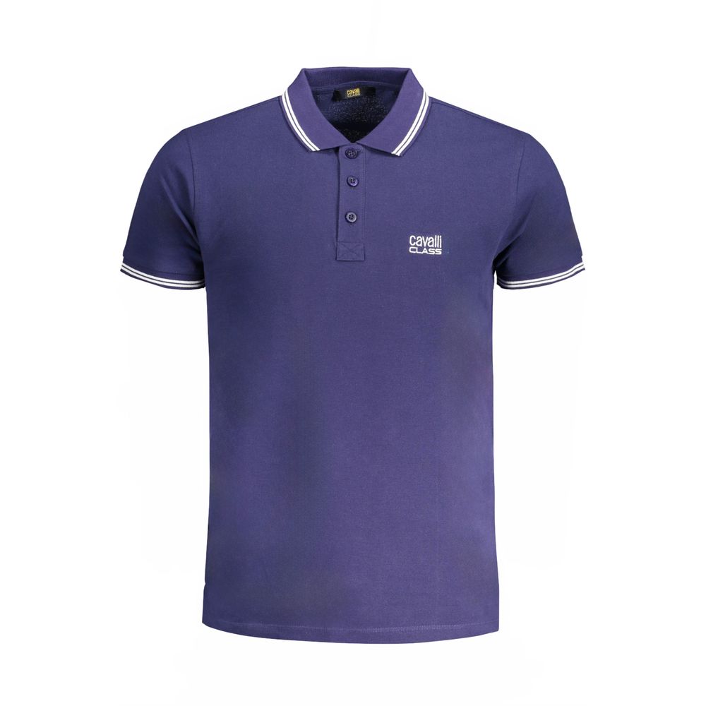 Cavalli Class Blue Cotton Polo Shirt with short sleeves, 3 buttons, contrast details, embroidery, and logo.