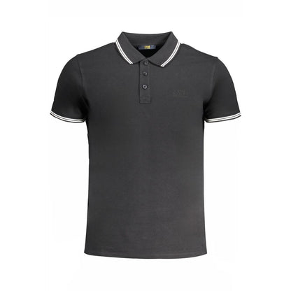Cavalli Class Black Cotton Polo Shirt with short sleeves, 3 buttons, contrast details, embroidery, and logo.