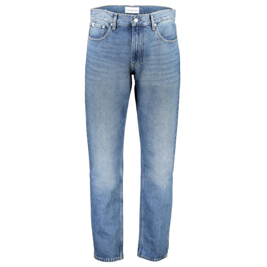 Calvin Klein Blue Cotton Men Jeans, authentic straight fit, sustainable with 20% recycled cotton, featuring 5-pocket design and CK logo.