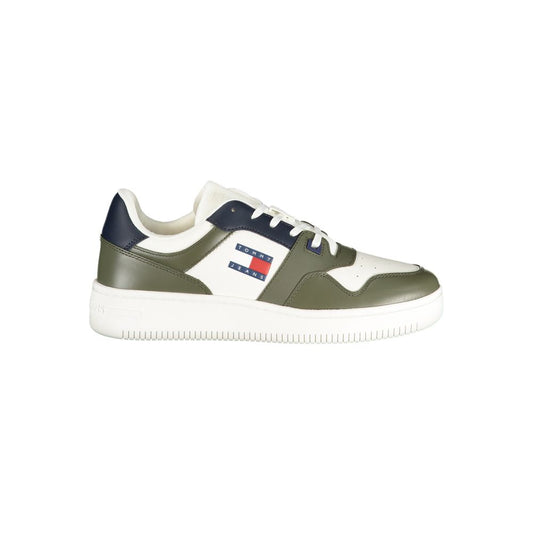 Tommy Hilfiger Green Leather Men Sneaker with blue and white accents and logo.