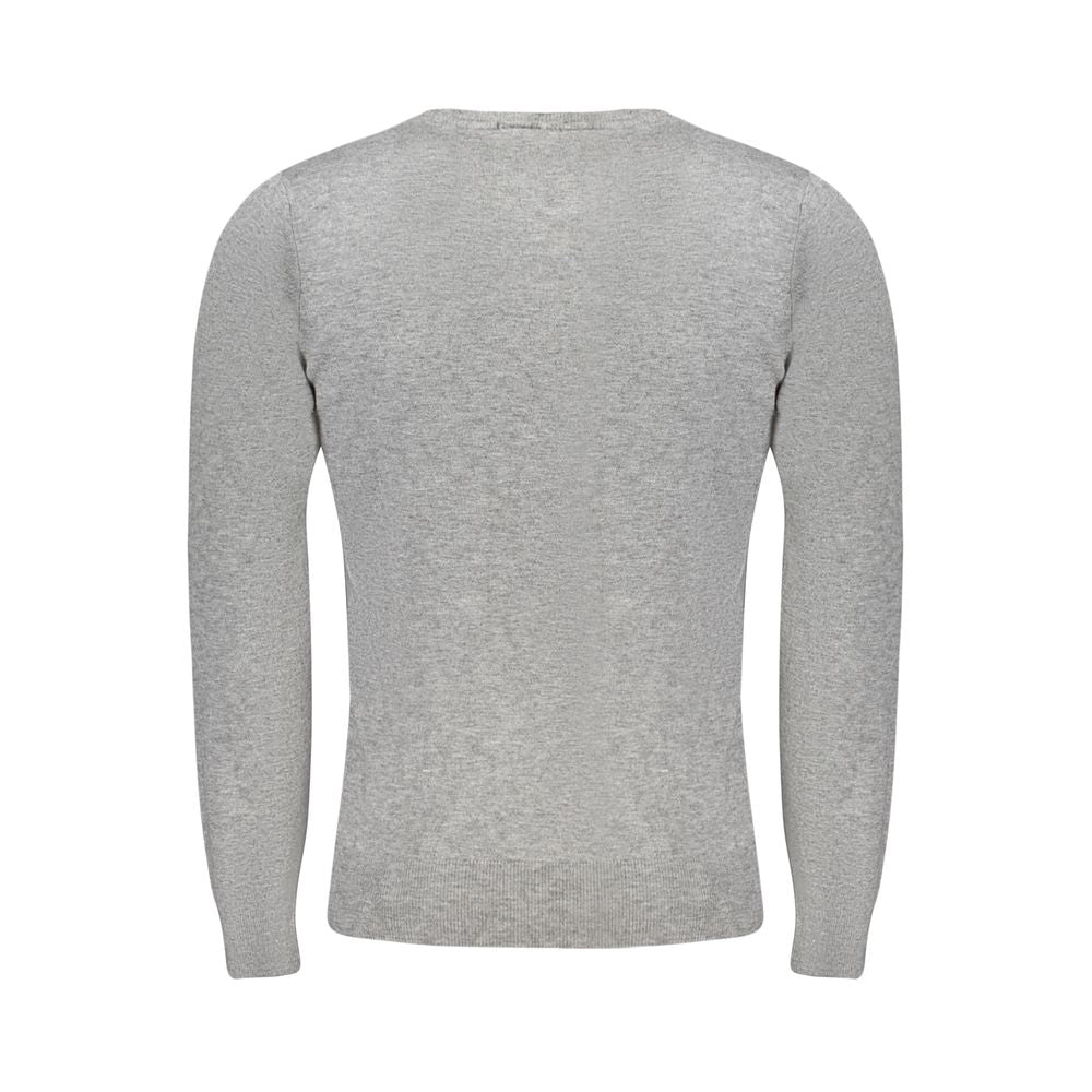 Back view of a grey long-sleeved sweater for men