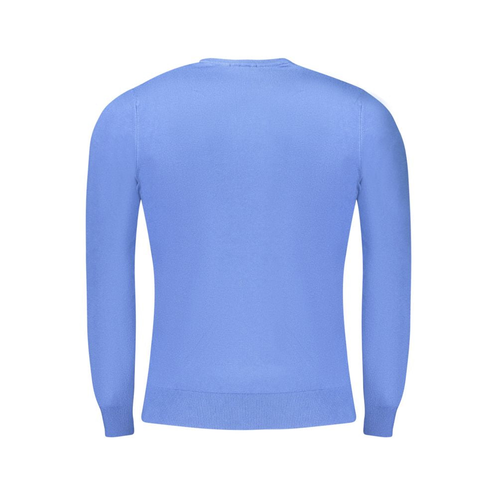 Back view of Cavalli Class Blue Viscose Men Sweater showcasing elegant design and craftsmanship.