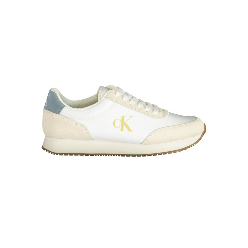 Calvin Klein White Polyester Men Sneaker with blue and beige details, removable insole, and iconic logo for style and comfort.