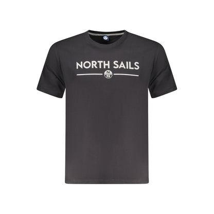 North Sails Black Cotton Men T-Shirt with logo and bold seafaring print, crew neck, 100% cotton, comfortable everyday wear.