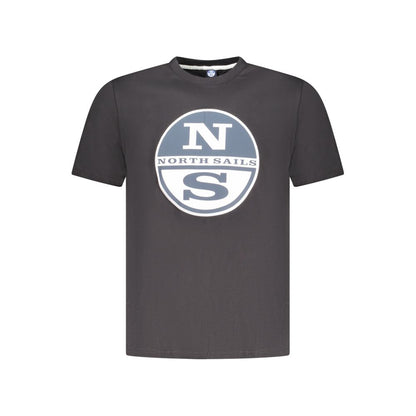 North Sails Black Cotton Men T-Shirt with logo and striking print on front, 100% cotton, short sleeve crew neck for casual wear.