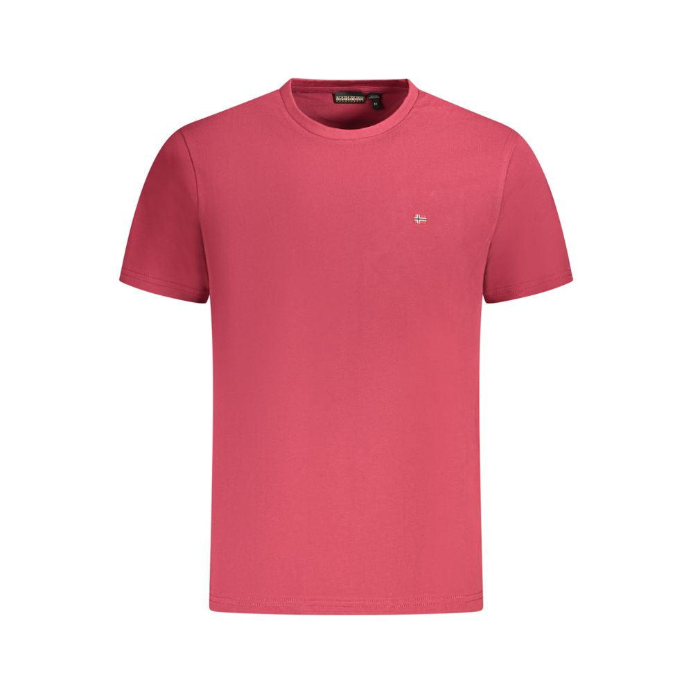 Napapijri Red Cotton Men T-Shirt featuring short sleeves and iconic logo embroidery, perfect for a polished, casual look.