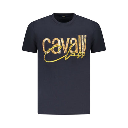 Cavalli Class Blue Cotton Men T-Shirt with logo print, stylish crewneck design.