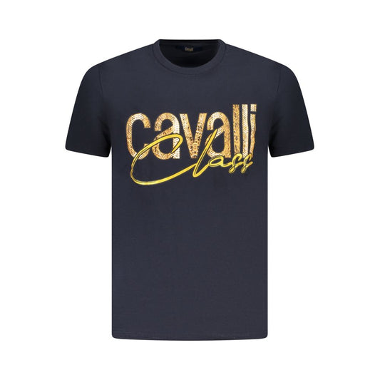 Cavalli Class Blue Cotton Men T-Shirt with logo print, stylish crewneck design.
