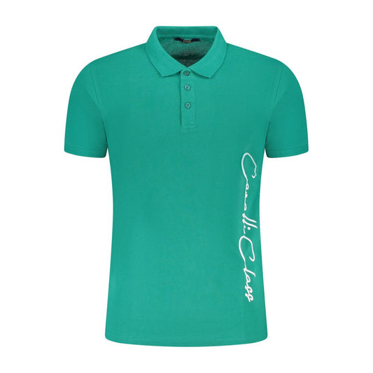 Cavalli Class Green Cotton Men Polo Shirt with short sleeves, three buttons, and logo print, offering luxurious comfort and high-end style.