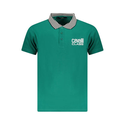 Cavalli Class Green Cotton Men Polo Shirt with logo and contrasting details, showcasing sophistication and style in fine cotton.